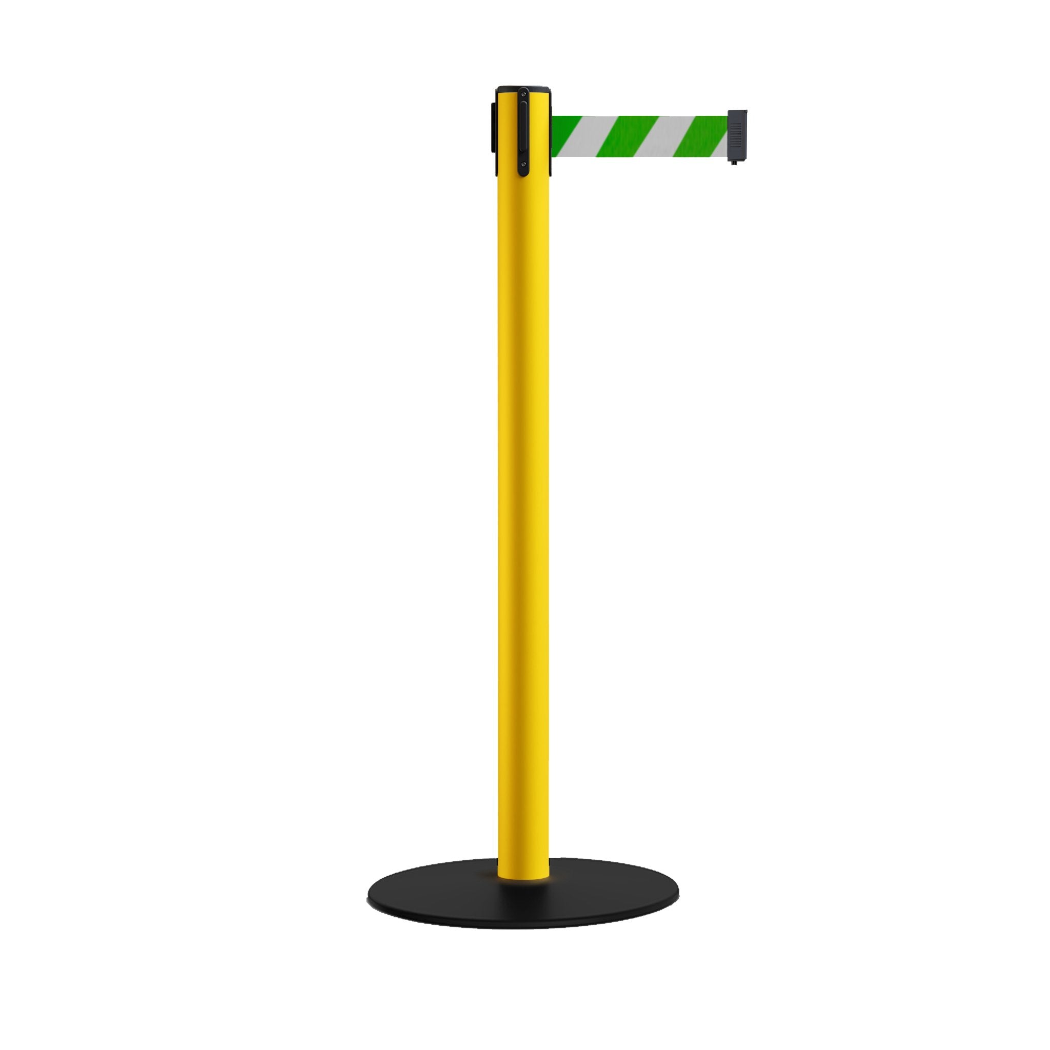 Safety Stanchion Retractable Belt Barriers, Low Profile Steel Base, Yellow Post, 7.5 Ft. Belt - Montour Line MSX630 - Crowd Control Warehouse