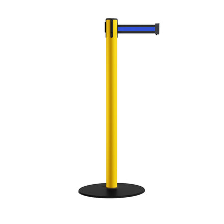 Safety Stanchion Retractable Belt Barriers, Low Profile Steel Base, Yellow Post, 7.5 Ft. Belt - Montour Line MSX630 - Crowd Control Warehouse