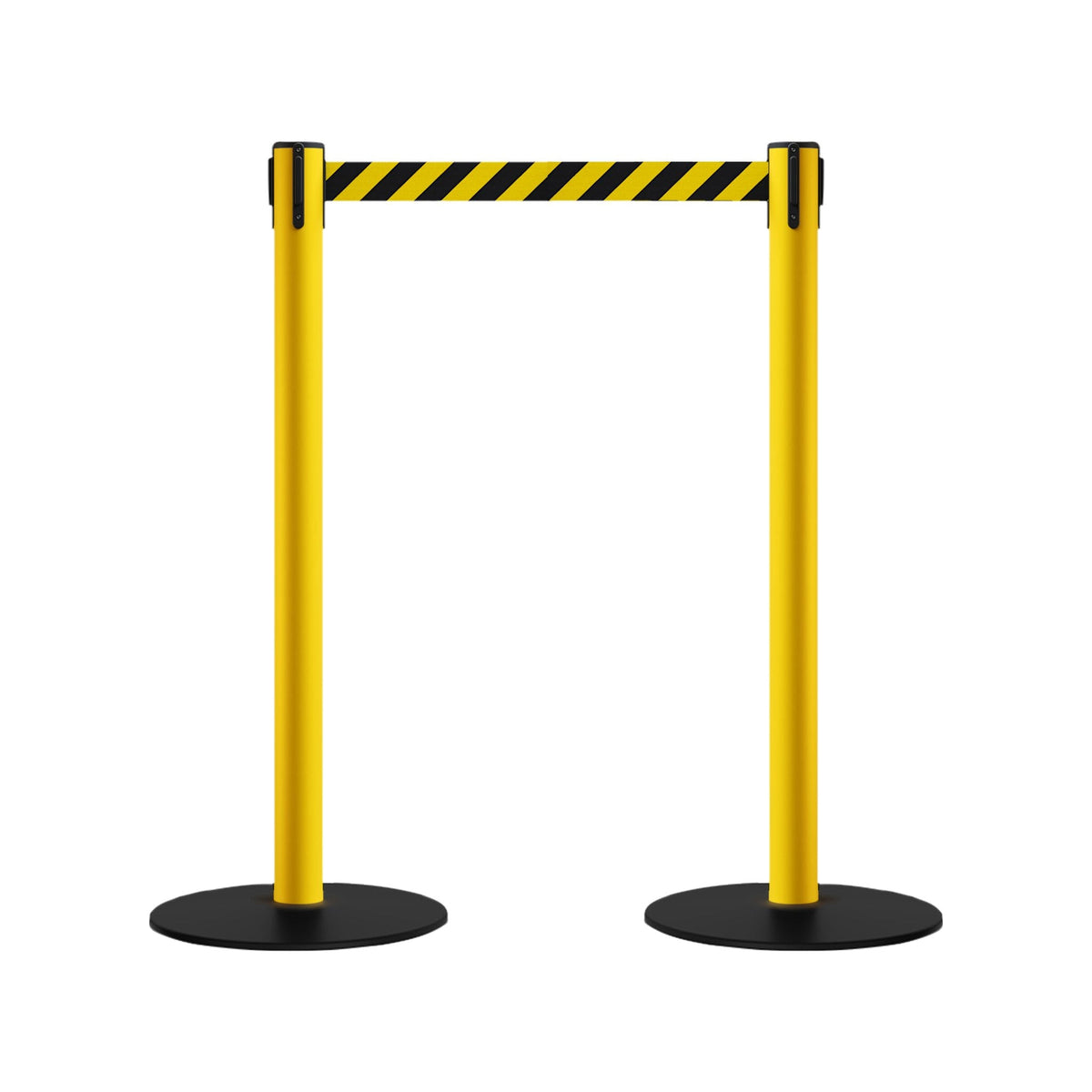 Safety Stanchion Retractable Belt Barriers, Low Profile Steel Base, Yellow Post, 7.5 Ft. Belt - Montour Line MSX630 - Crowd Control Warehouse