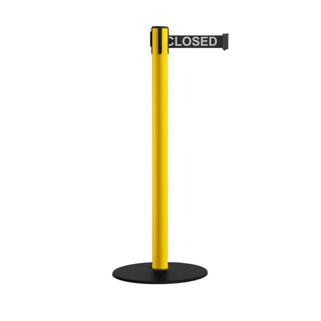Safety Stanchion Retractable Belt Barriers, Low Profile Steel Base, Yellow Post, 7.5 Ft. Belt - Montour Line MSX630 - Crowd Control Warehouse