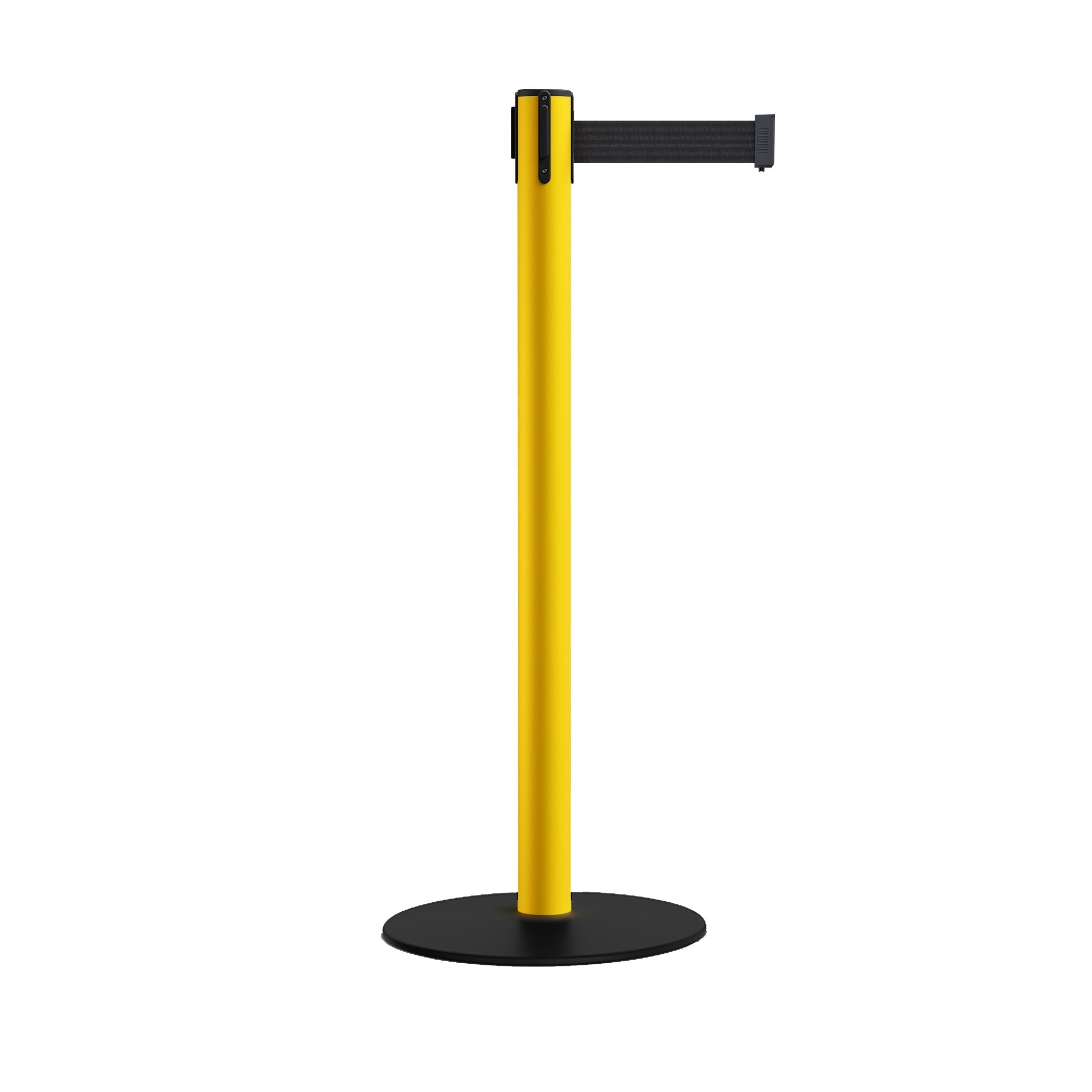 Safety Stanchion Retractable Belt Barriers, Low Profile Steel Base, Yellow Post, 7.5 Ft. Belt - Montour Line MSX630 - Crowd Control Warehouse
