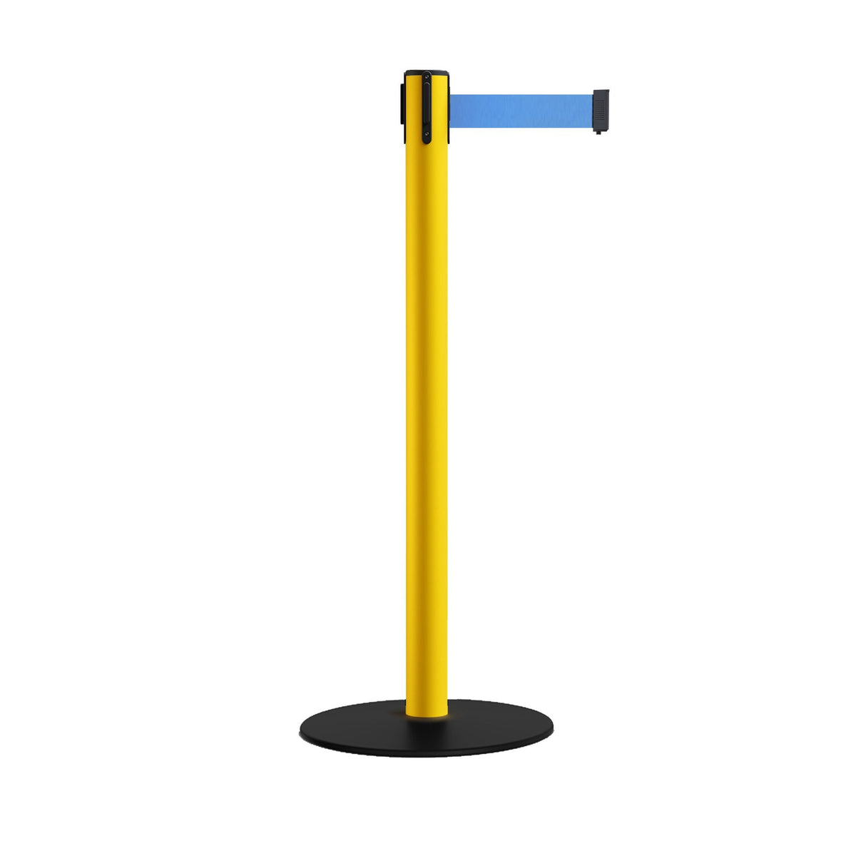 Safety Stanchion Retractable Belt Barriers, Low Profile Steel Base, Yellow Post, 7.5 Ft. Belt - Montour Line MSX630 - Crowd Control Warehouse
