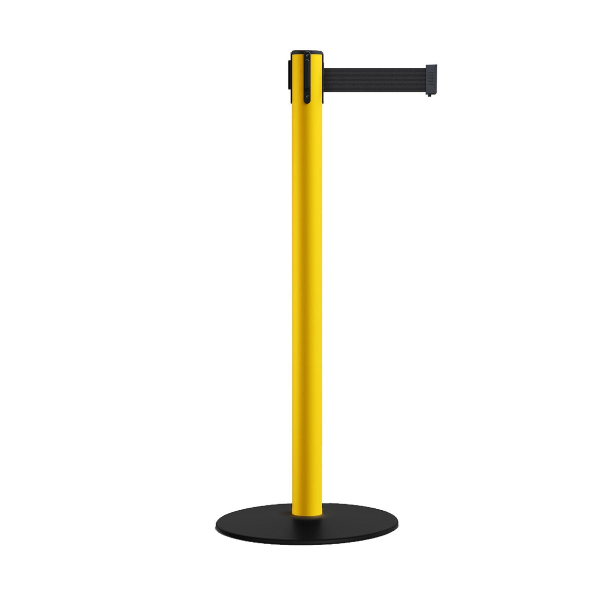 Safety Stanchion Retractable Belt Barriers, Low Profile Steel Base, Yellow Post, 9 Ft. Belt - Montour Line MSX630 - Crowd Control Warehouse