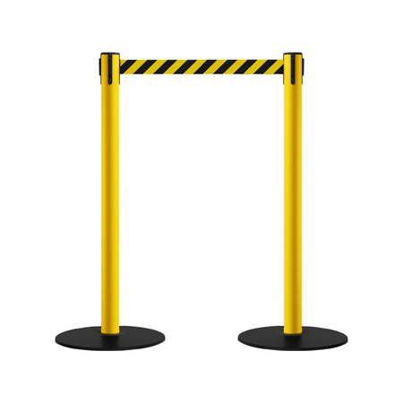Safety Stanchion Retractable Belt Barriers, Low Profile Steel Base, Yellow Post, 9 Ft. Belt - Montour Line MSX630 - Crowd Control Warehouse