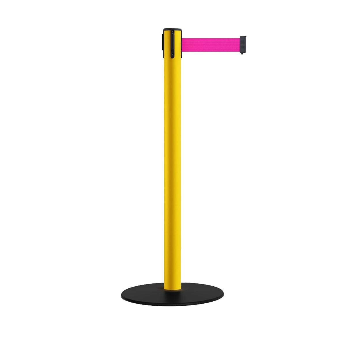 Safety Stanchion Retractable Belt Barriers, Low Profile Steel Base, Yellow Post, 9 Ft. Belt - Montour Line MSX630 - Crowd Control Warehouse