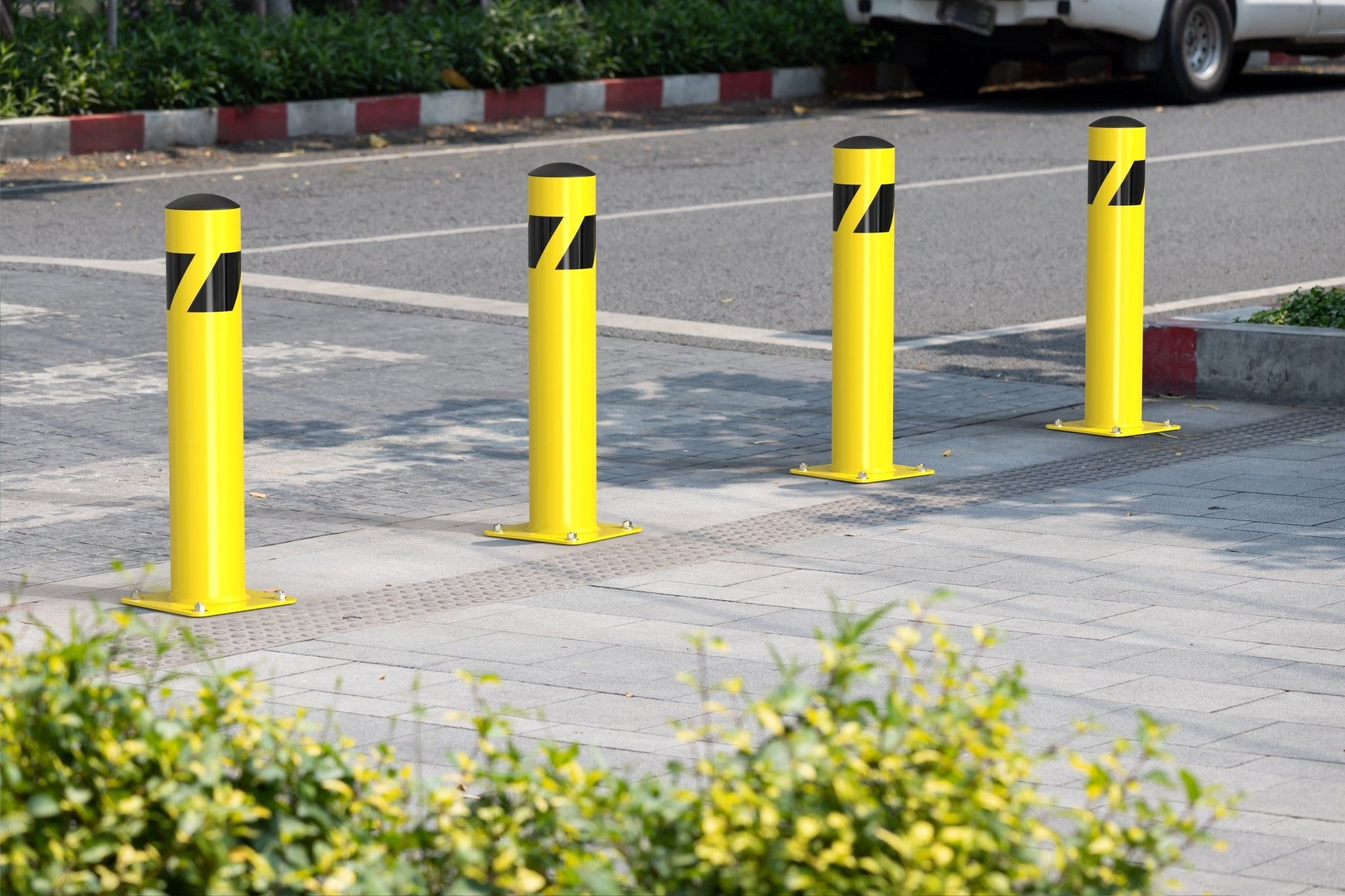 Safety Yellow Steel Bollards, 4.5" Diameter, 24 - 60" Height - Trafford Industrial - Crowd Control Warehouse