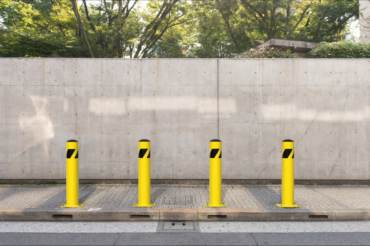 Safety Yellow Steel Bollards, 4.5" Diameter, 24 - 60" Height - Trafford Industrial - Crowd Control Warehouse