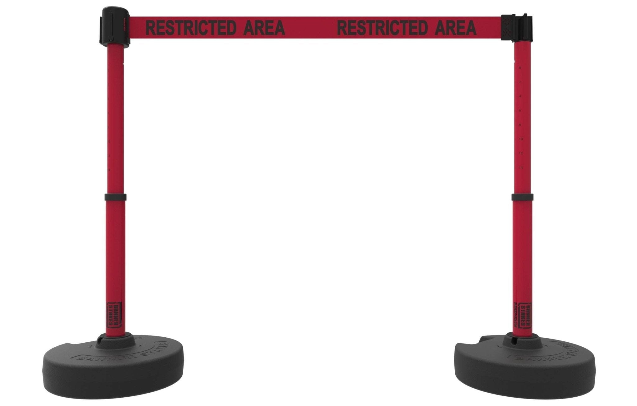 Set of 2 PLUS Line Stanchions with 15 ft Belt Head, Stake, and Base - Banner Stakes - Crowd Control Warehouse