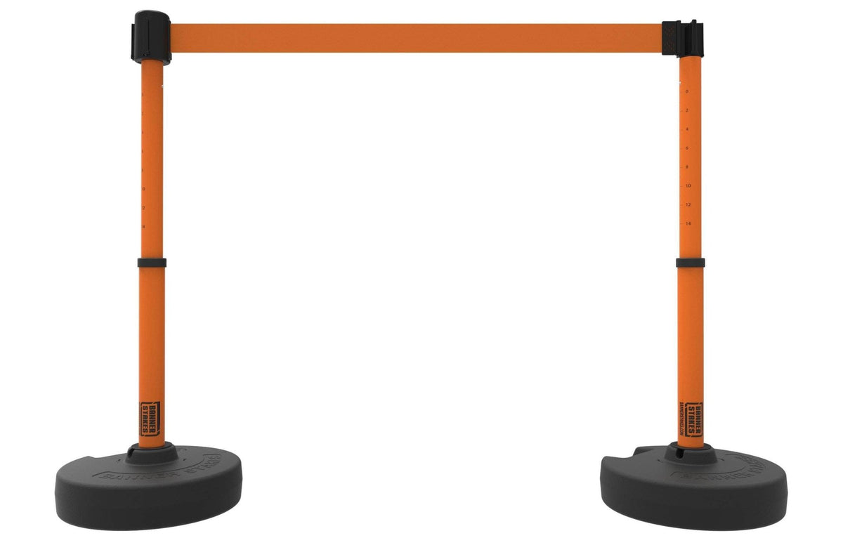Set of 2 PLUS Line Stanchions with 15 ft Belt Head, Stake, and Base - Banner Stakes - Crowd Control Warehouse