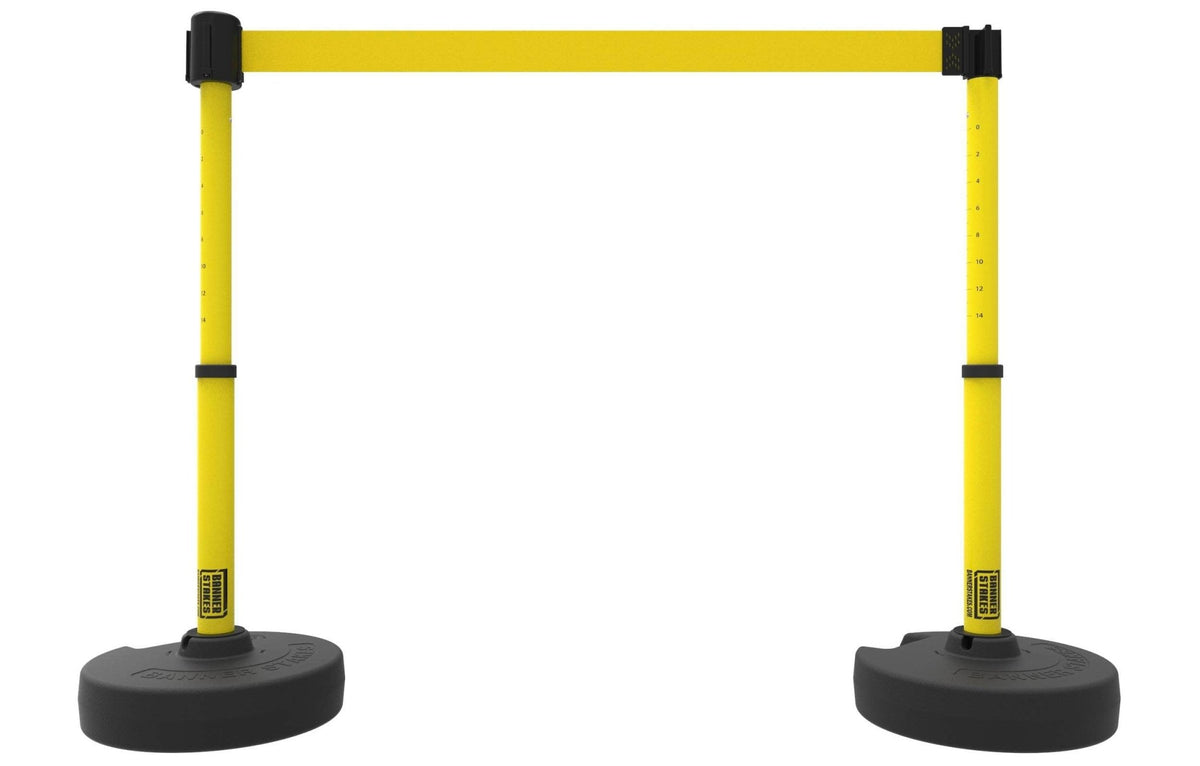 Set of 2 PLUS Line Stanchions with 15 ft Belt Head, Stake, and Base - Banner Stakes - Crowd Control Warehouse