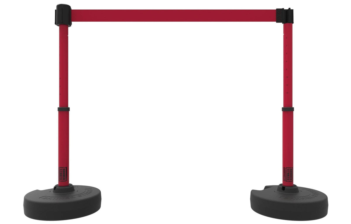Set of 2 PLUS Line Stanchions with 15 ft Belt Head, Stake, and Base - Banner Stakes - Crowd Control Warehouse