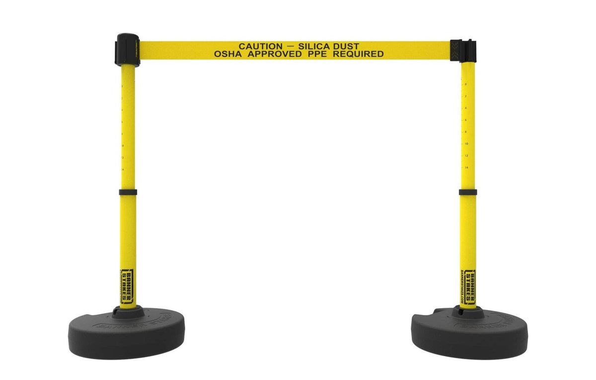 Set of 2 PLUS Line Stanchions with 15 ft Belt Head, Stake, and Base - Banner Stakes - Crowd Control Warehouse