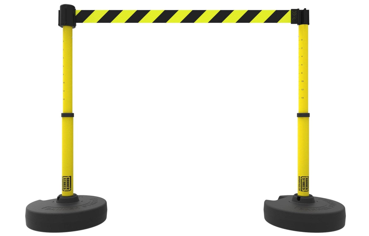 Set of 2 PLUS Line Stanchions with 15 ft Belt Head, Stake, and Base - Banner Stakes - Crowd Control Warehouse