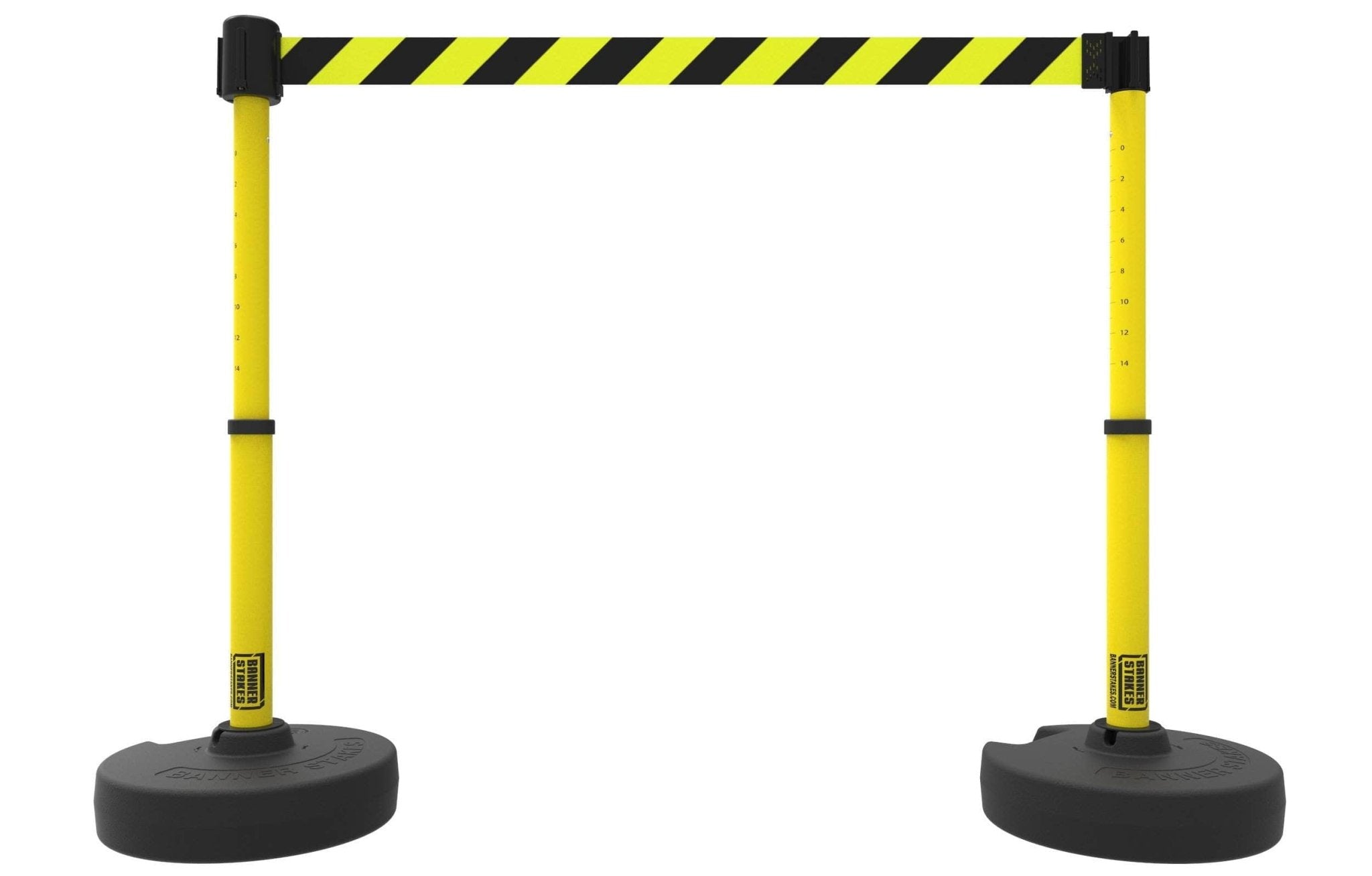 Set of 2 PLUS Line Stanchions with 15 ft Belt Head, Stake, and Base - Banner Stakes - Crowd Control Warehouse