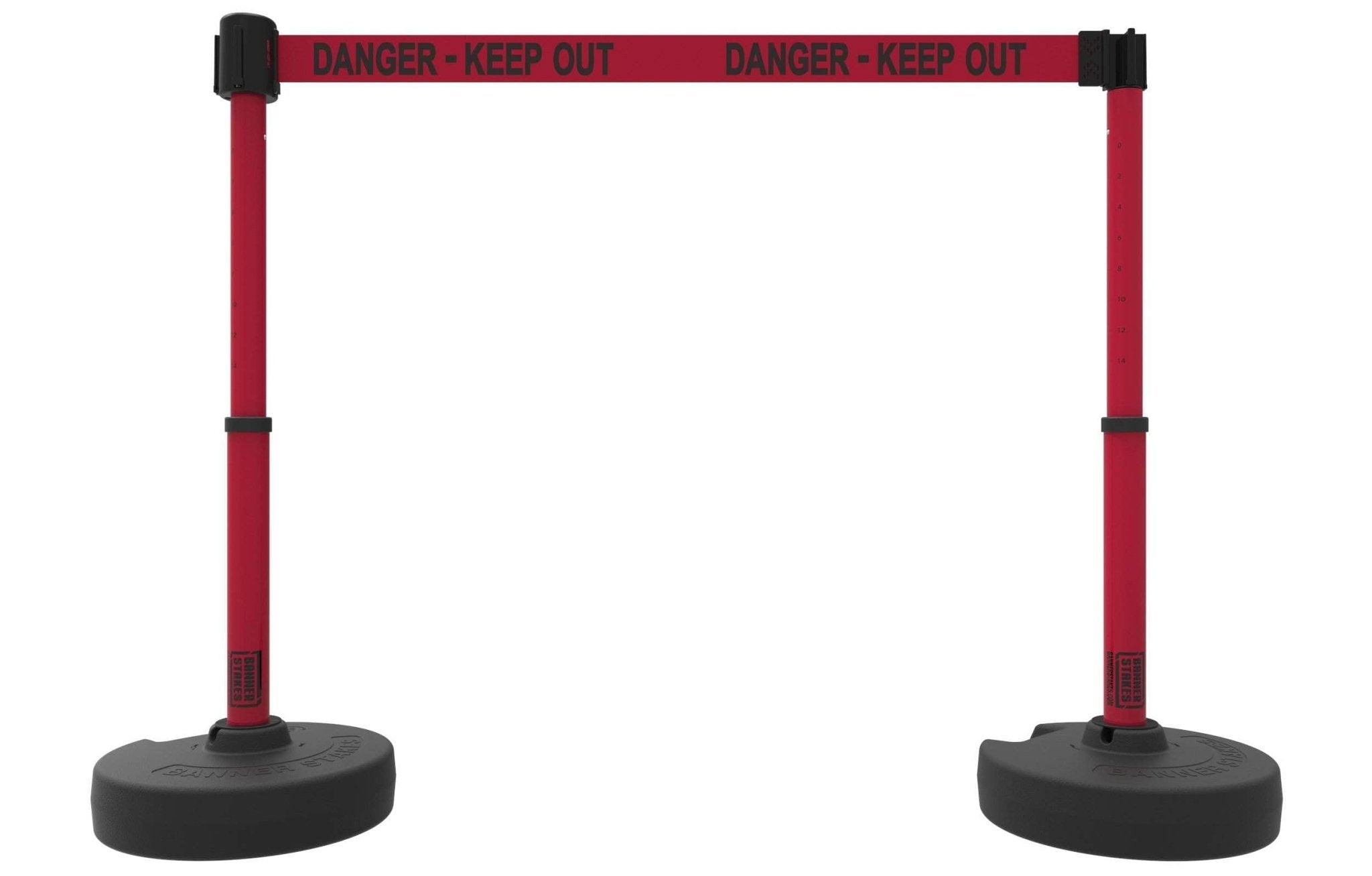 Set of 2 PLUS Line Stanchions with 15 ft Belt Head, Stake, and Base - Banner Stakes - Crowd Control Warehouse