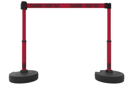 Set of 2 PLUS Line Stanchions with 15 ft Belt Head, Stake, and Base - Banner Stakes - Crowd Control Warehouse