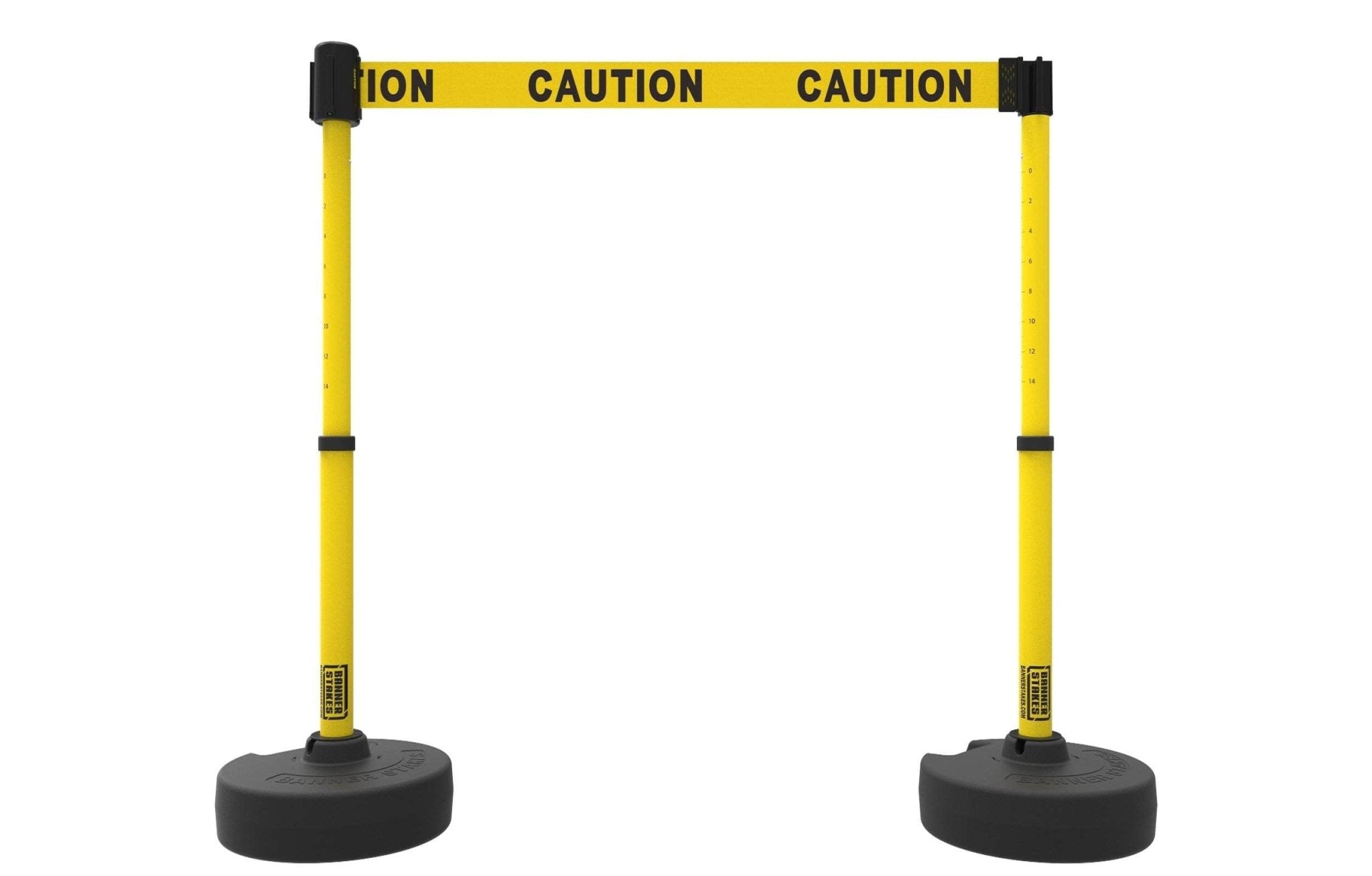 Set of 2 PLUS Line Stanchions with 15 ft Belt Head, Stake, and Base - Banner Stakes - Crowd Control Warehouse