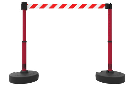 Set of 2 PLUS Line Stanchions with 15 ft Belt Head, Stake, and Base - Banner Stakes - Crowd Control Warehouse