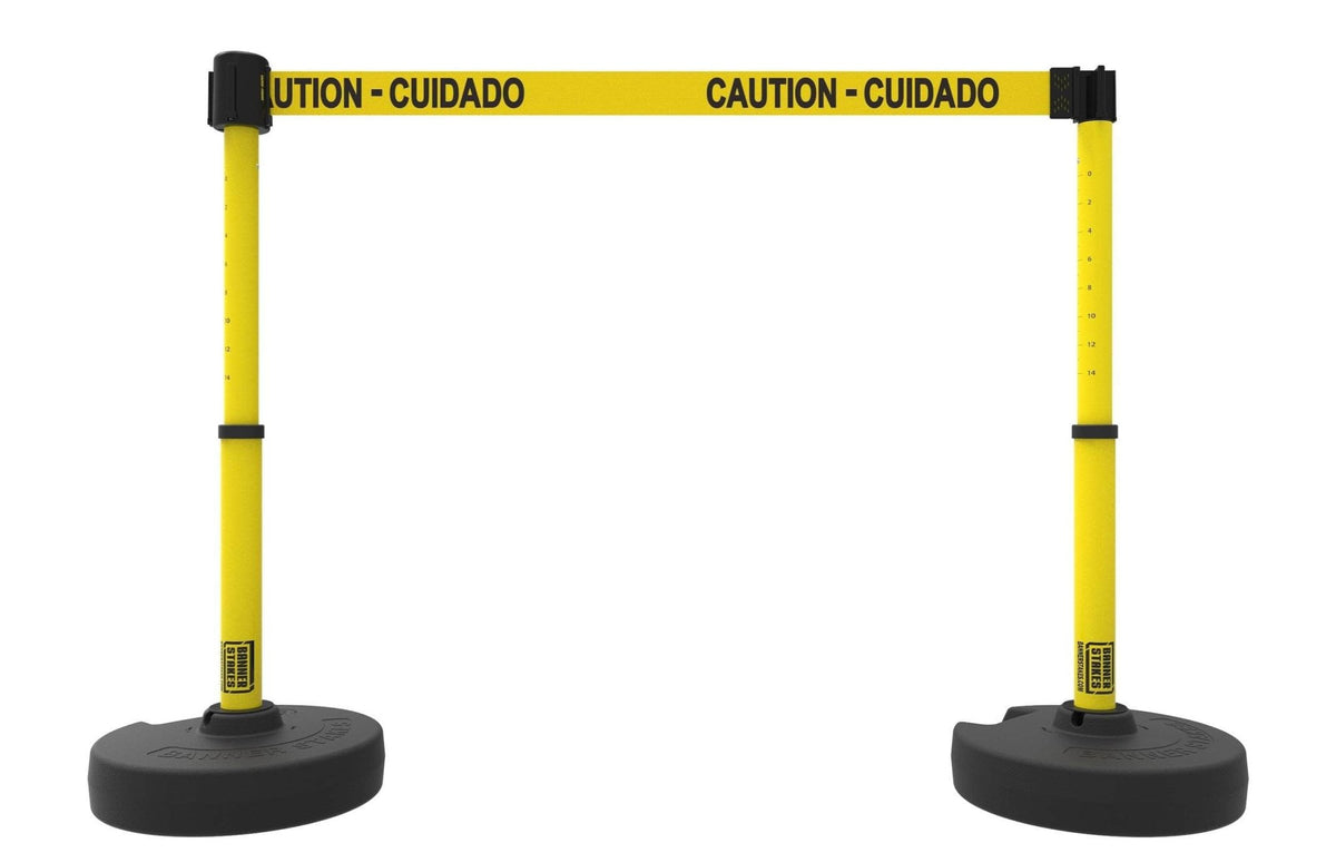 Set of 2 PLUS Line Stanchions with 15 ft Belt Head, Stake, and Base - Banner Stakes - Crowd Control Warehouse