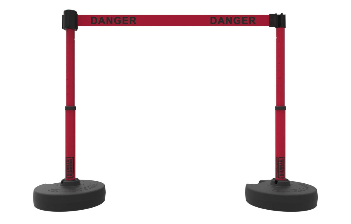 Set of 2 PLUS Line Stanchions with 15 ft Belt Head, Stake, and Base - Banner Stakes - Crowd Control Warehouse