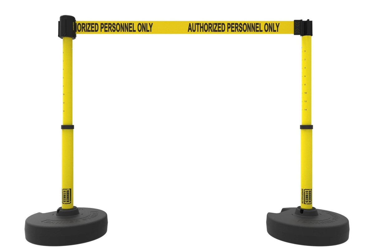 Set of 2 PLUS Line Stanchions with 15 ft Belt Head, Stake, and Base - Banner Stakes - Crowd Control Warehouse