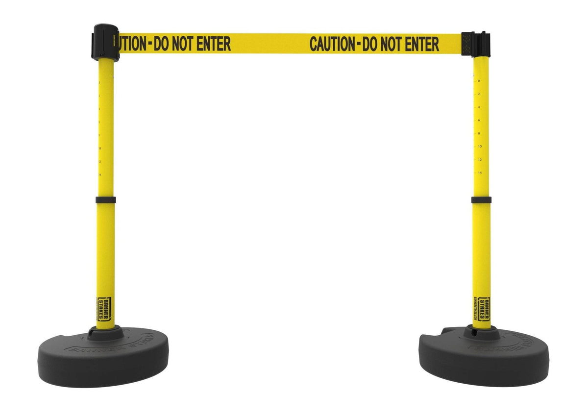 Set of 2 PLUS Line Stanchions with 15 ft Belt Head, Stake, and Base - Banner Stakes - Crowd Control Warehouse