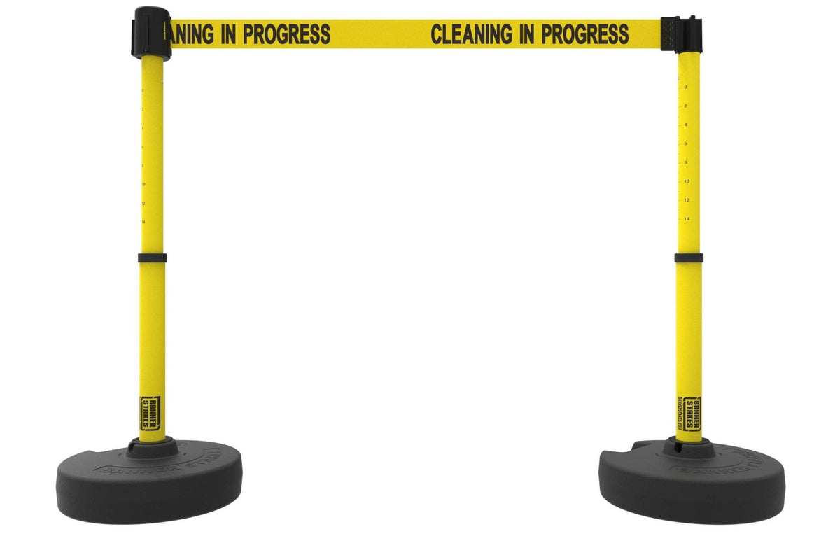 Set of 2 PLUS Line Stanchions with 15 ft Belt Head, Stake, and Base - Banner Stakes - Crowd Control Warehouse