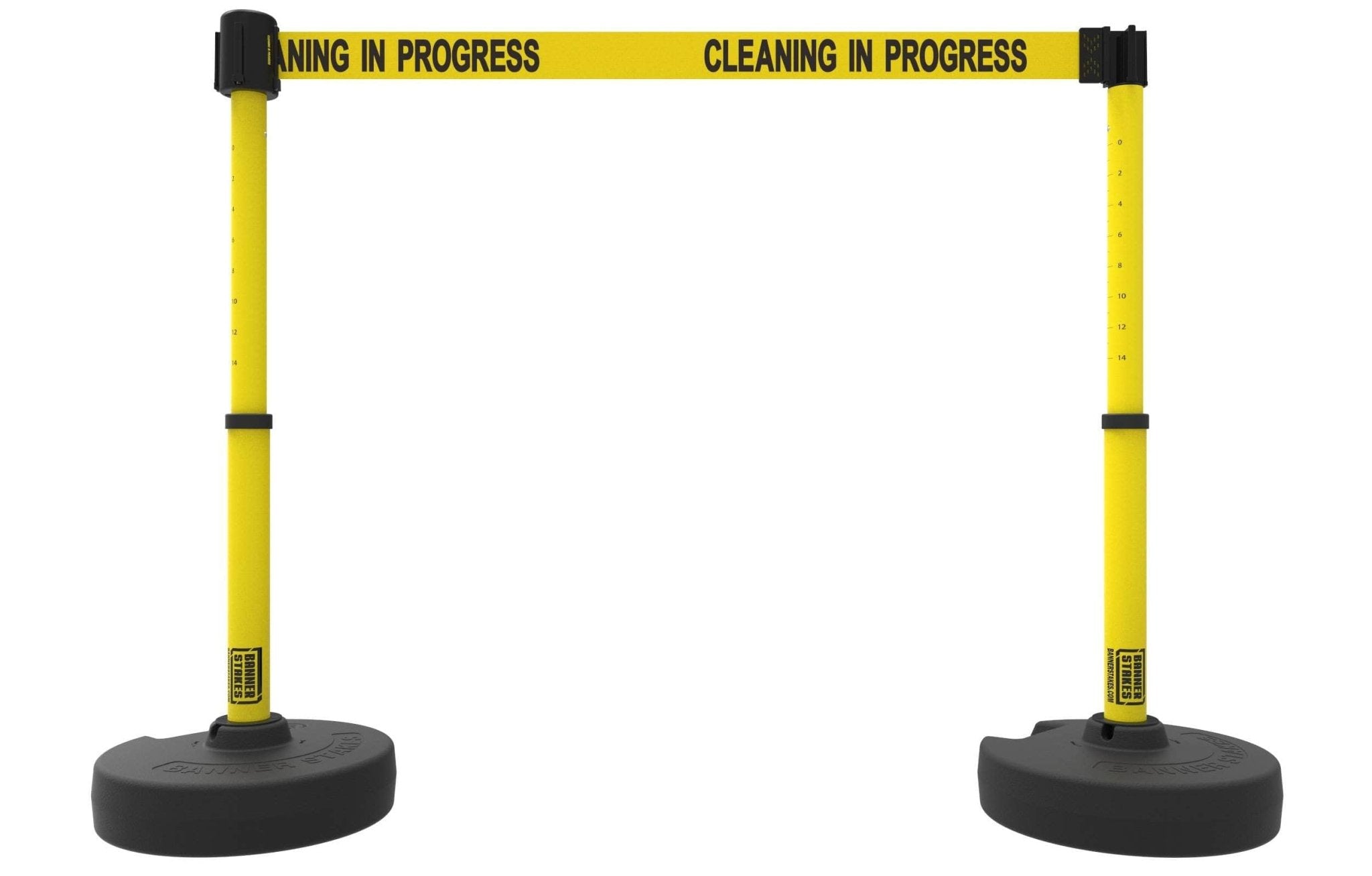 Set of 2 PLUS Line Stanchions with 15 ft Belt Head, Stake, and Base - Banner Stakes - Crowd Control Warehouse