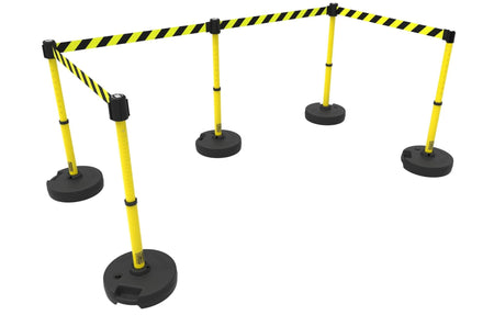Set of 5 Banner Stakes PLUS Line Stanchions with 15 ft Belt Head, Stake, and Base - Crowd Control Warehouse