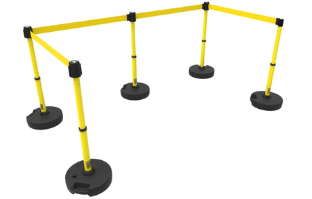 Set of 5 Banner Stakes PLUS Line Stanchions with 15 ft Belt Head, Stake, and Base - Crowd Control Warehouse