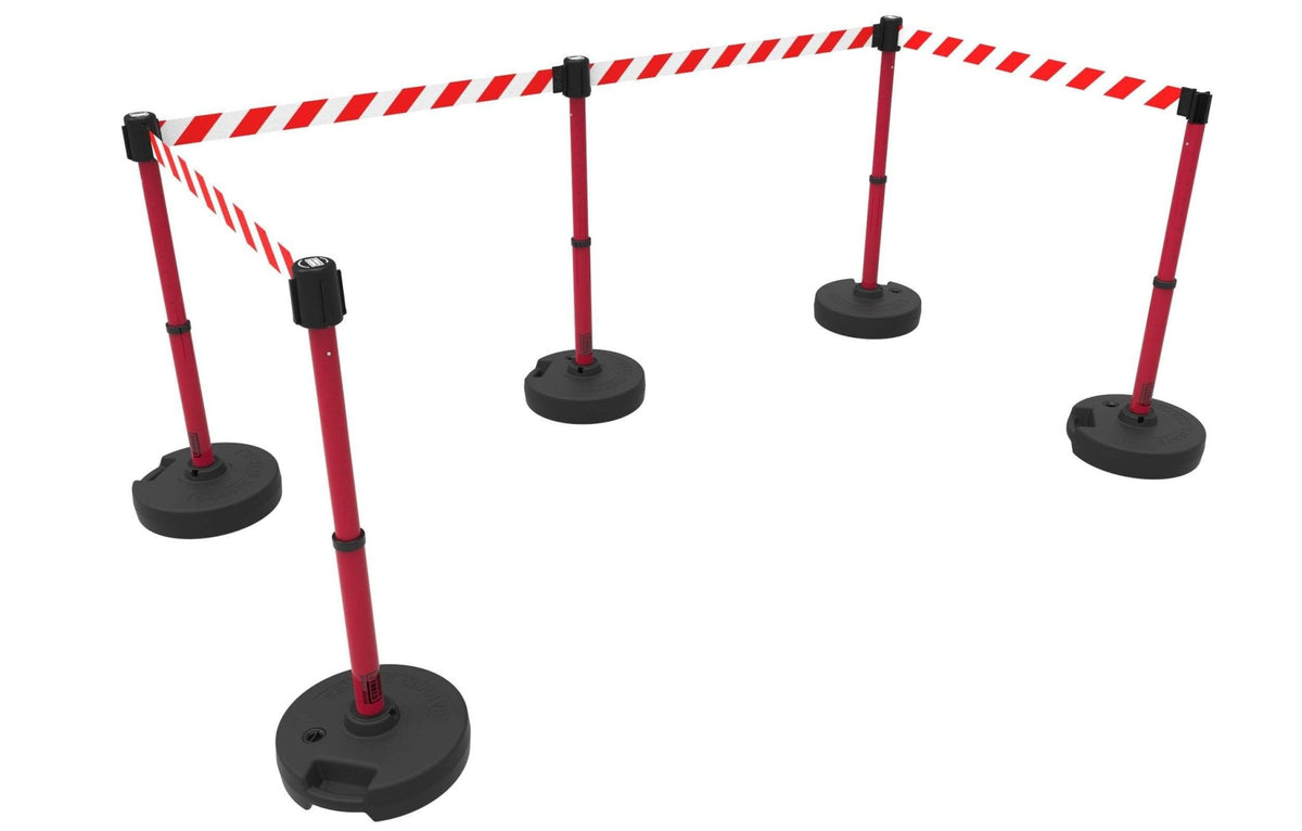 Set of 5 Banner Stakes PLUS Line Stanchions with 15 ft Belt Head, Stake, and Base - Crowd Control Warehouse