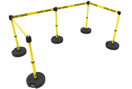 Set of 5 Banner Stakes PLUS Line Stanchions with 15 ft Belt Head, Stake, and Base - Crowd Control Warehouse