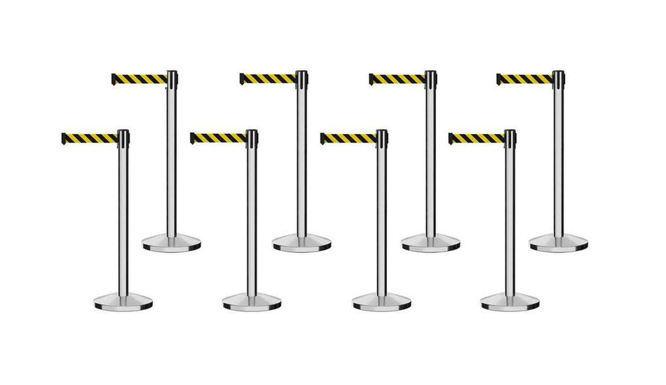 Set of (8) CCW Series RBB - 100 Retractable Belt Barriers - 13 Ft. Belt - Crowd Control Warehouse