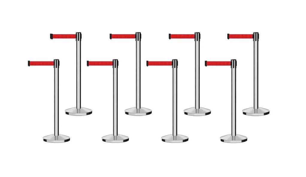 Set of (8) CCW Series Retractable Belt Barriers - 11 Ft. Belts - Crowd Control Warehouse