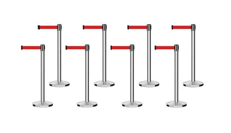 Set of (8) CCW Series Retractable Belt Barriers - 11 Ft. Belts - Crowd Control Warehouse