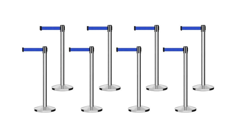 Set of (8) CCW Series Retractable Belt Barriers - 11 Ft. Belts - Crowd Control Warehouse
