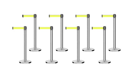 Set of (8) CCW Series Retractable Belt Barriers - 11 Ft. Belts - Crowd Control Warehouse