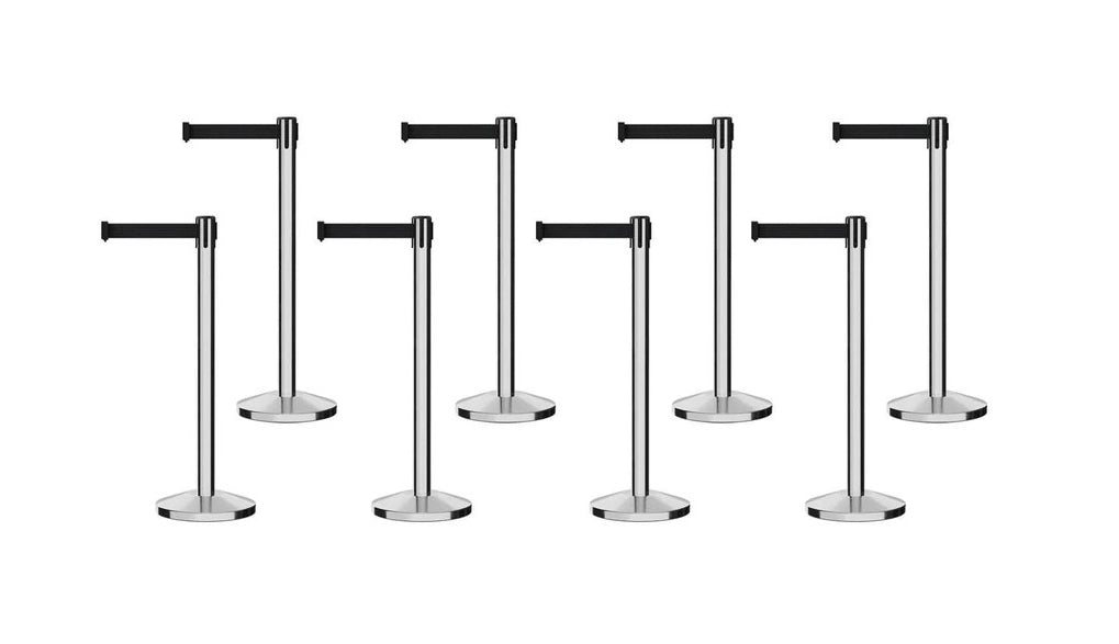 Set of (8) CCW Series Retractable Belt Barriers - 11 Ft. Belts - Crowd Control Warehouse