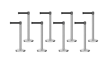 Set of (8) CCW Series Retractable Belt Barriers - 11 Ft. Belts - Crowd Control Warehouse