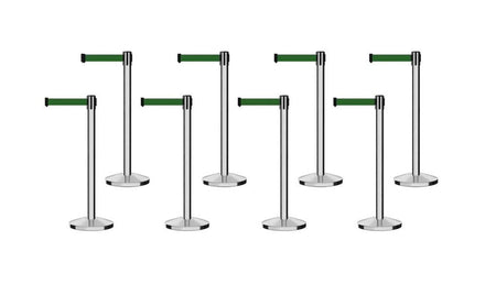 Set of (8) CCW Series Retractable Belt Barriers - 11 Ft. Belts - Crowd Control Warehouse