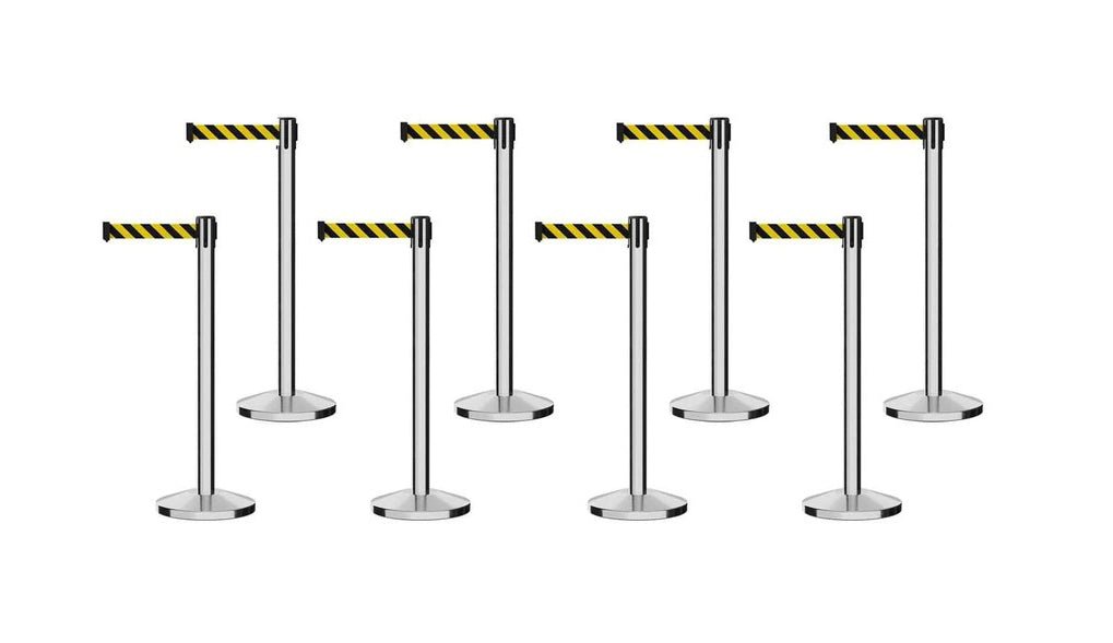 Set of (8) CCW Series Retractable Belt Barriers - 11 Ft. Belts - Crowd Control Warehouse