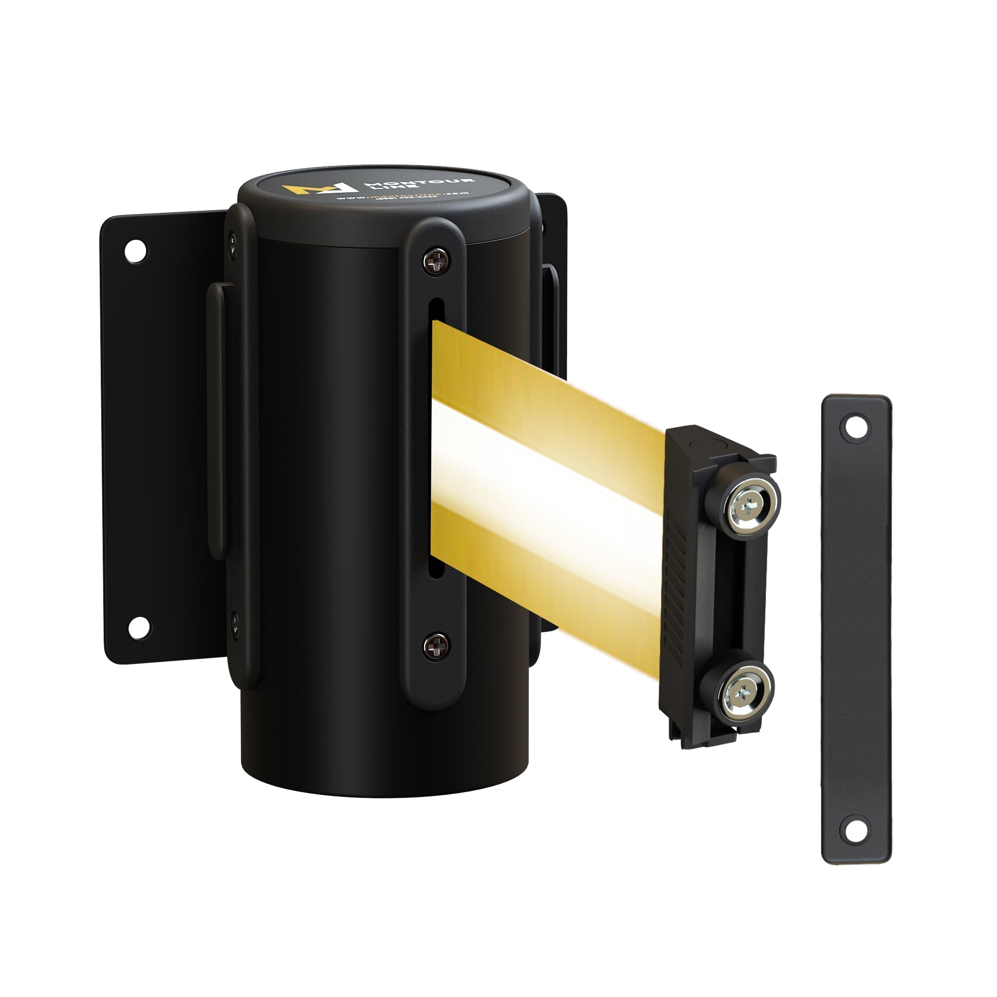 Wall Mounted Retractable Belt Barrier Fixed, Black Metal Case with Magnetic Belt End, 11 ft Belt - Montour Line WM115 - Crowd Control Warehouse