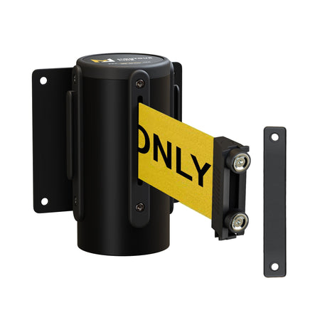 Wall Mounted Retractable Belt Barrier Fixed, Black Metal Case with Magnetic Belt End, 11 ft Belt - Montour Line WM115 - Crowd Control Warehouse