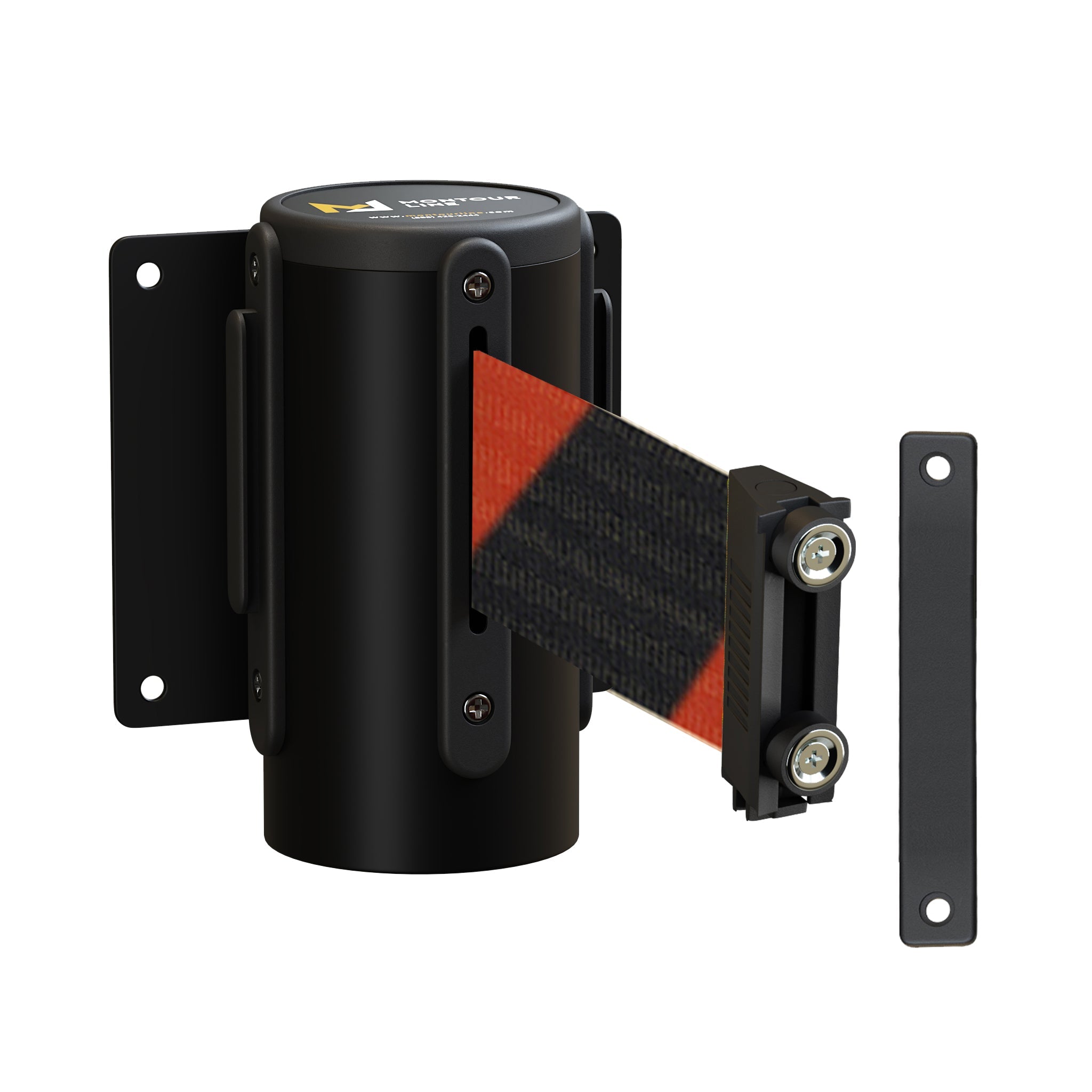Wall Mounted Retractable Belt Barrier Fixed, Black Metal Case with Magnetic Belt End, 11 ft Belt - Montour Line WM115 - Crowd Control Warehouse