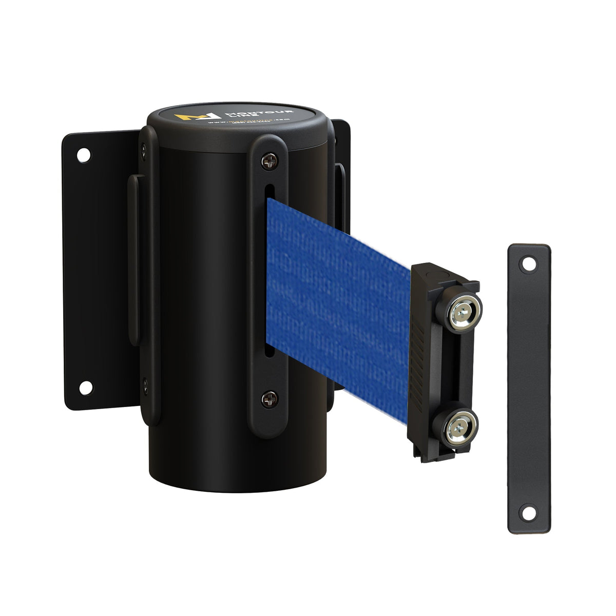Wall Mounted Retractable Belt Barrier Fixed, Black Metal Case with Magnetic Belt End, 11 ft Belt - Montour Line WM115 - Crowd Control Warehouse