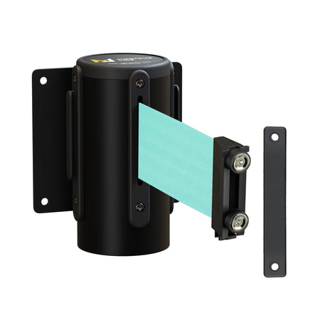 Wall Mounted Retractable Belt Barrier Fixed, Black Metal Case with Magnetic Belt End, 11 ft Belt - Montour Line WM115 - Crowd Control Warehouse