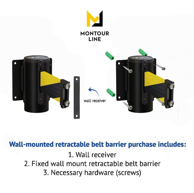 Wall Mounted Retractable Belt Barrier Fixed, Black Metal Case with Magnetic Belt End, 13 ft Belt - Montour Line WM115 - Crowd Control Warehouse