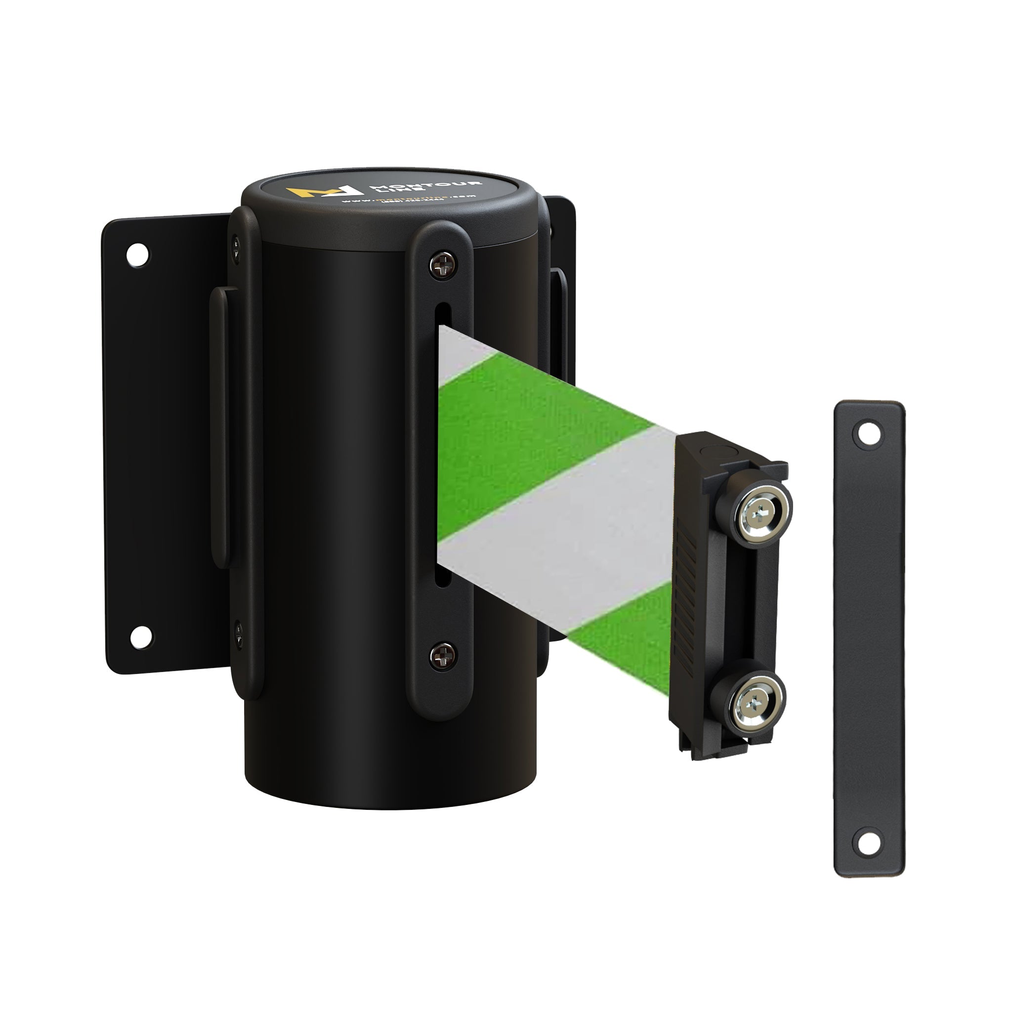 Wall Mounted Retractable Belt Barrier Fixed, Black Metal Case with Magnetic Belt End, 8.5 ft Belt - Montour Line WM115 - Crowd Control Warehouse