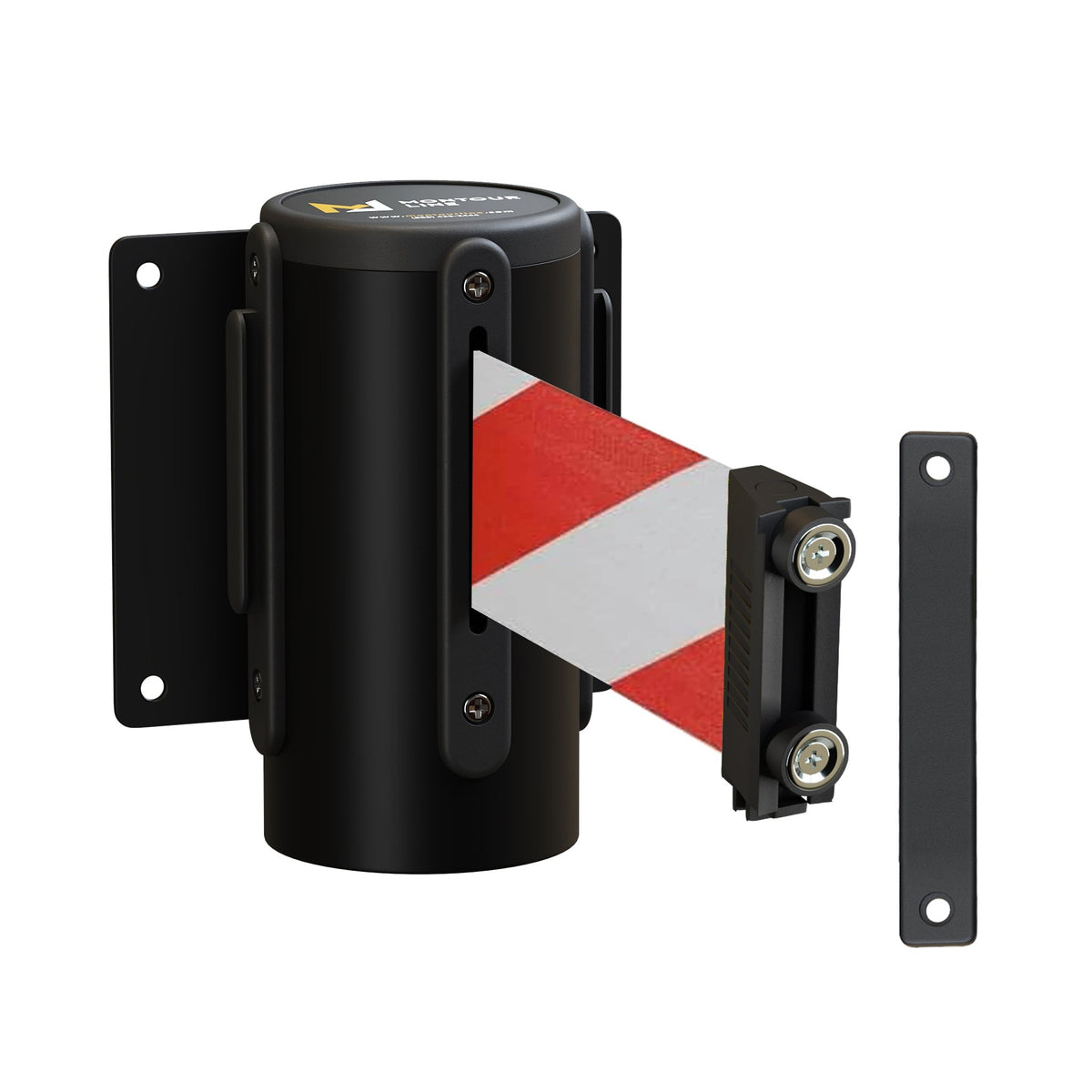 Wall Mounted Retractable Belt Barrier Fixed, Black Metal Case with Magnetic Belt End, 8.5 ft Belt - Montour Line WM115 - Crowd Control Warehouse