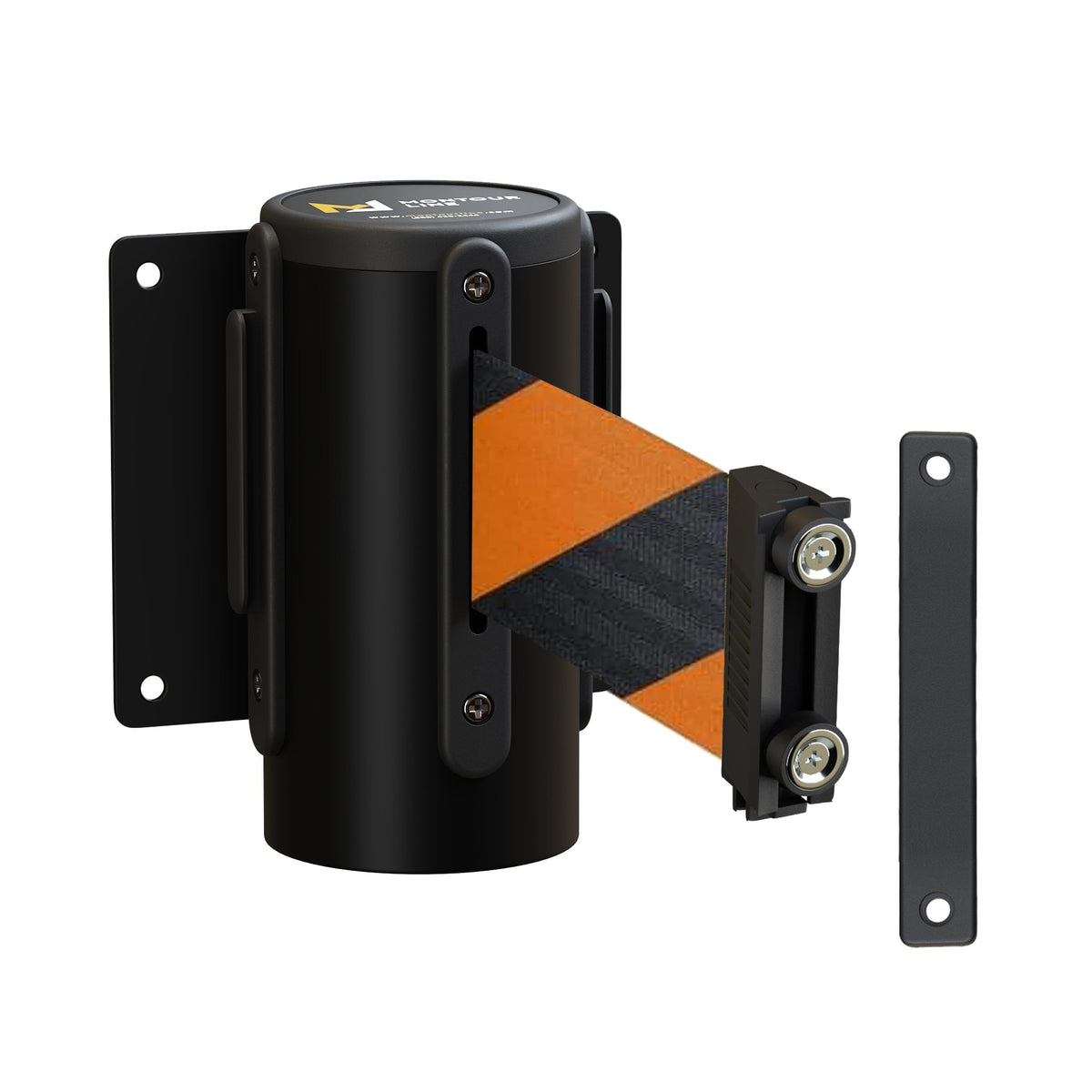 Wall Mounted Retractable Belt Barrier Fixed, Black Metal Case with Magnetic Belt End, 8.5 ft Belt - Montour Line WM115 - Crowd Control Warehouse